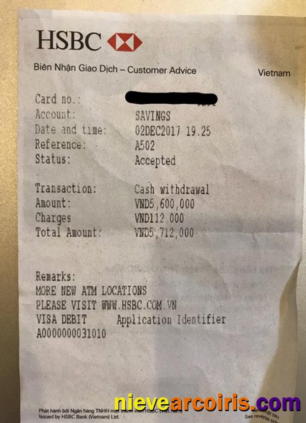 Vietnam HSBC bank receipt